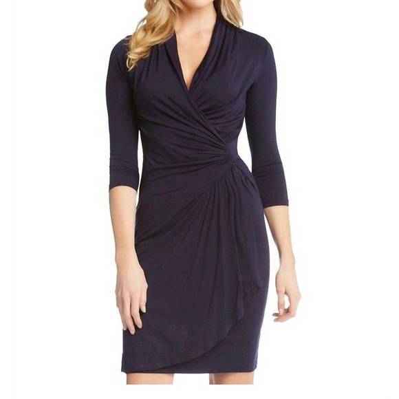 Karen Kane Women's Short Sleeve Wrap Dress - Leaf Print, Cascade Hem, Rayon Spandex